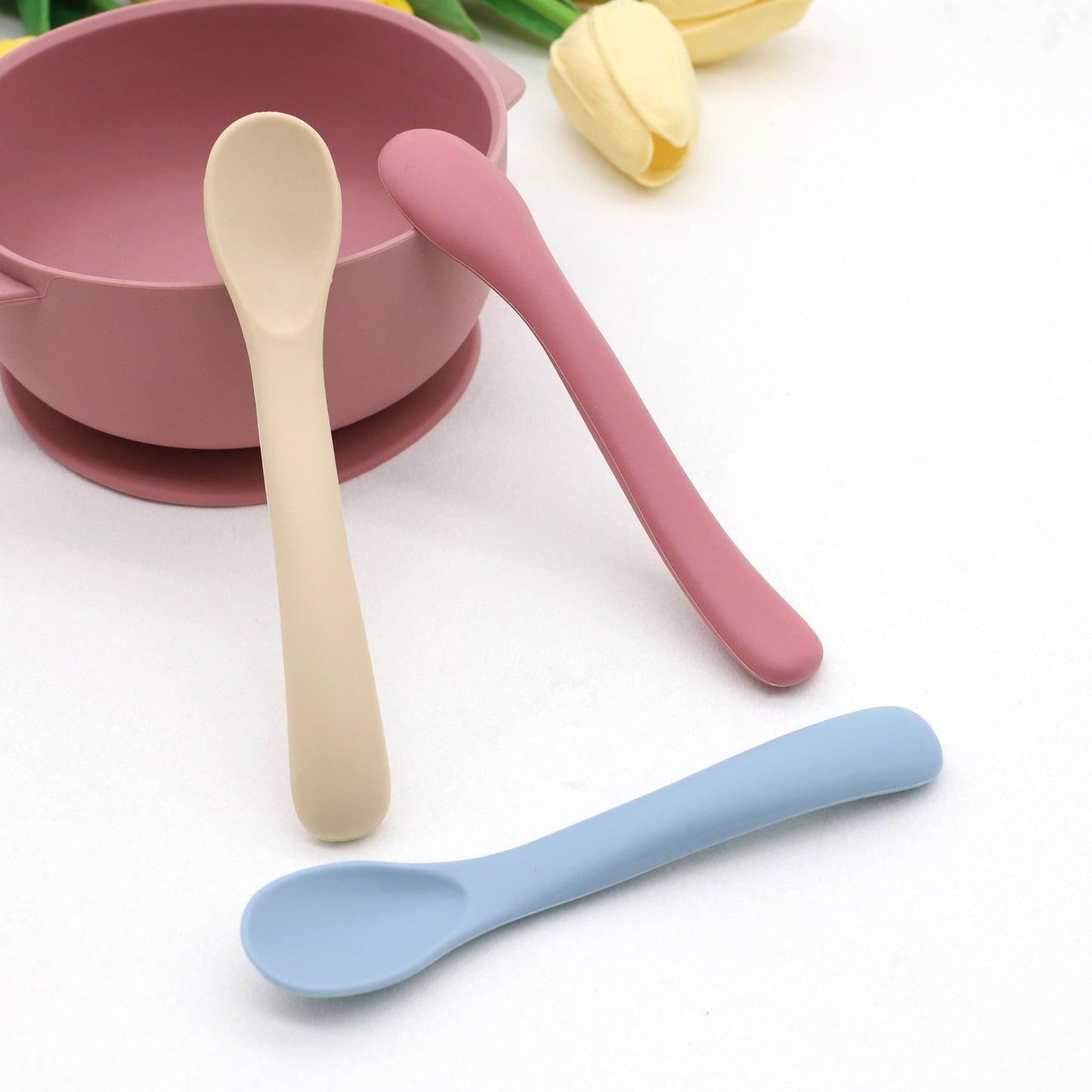 Set of 3 Silicone Feeding Spoons in Blue - Gentle and Secure for Babies, Set of Spoon for Easy Feeding