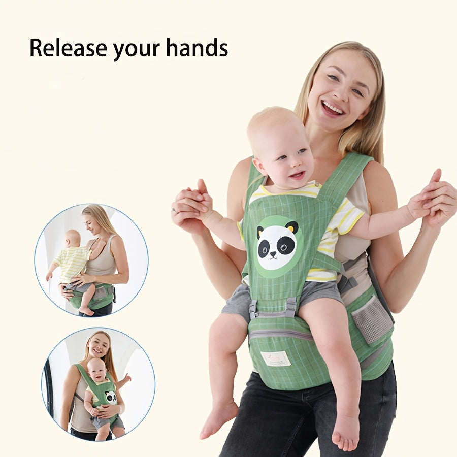 Versatile carrier sling and waist stool, reversible design for front or back use, lightweight and essential for all seasons travel. Hand wash only, made of polyester in mixed colors.