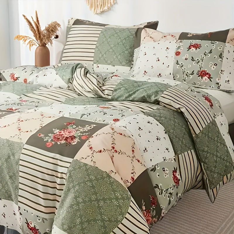 King Size Duvet Set with Elegant Floral & Geometric Prints - Includes 1 Duvet Cover and 2 Pillowcases, Made of Soft Polyester with Zip Closure, Machine Washable for All-Season Comfort in Bedroom & Guest Room, Set of 3 Pieces