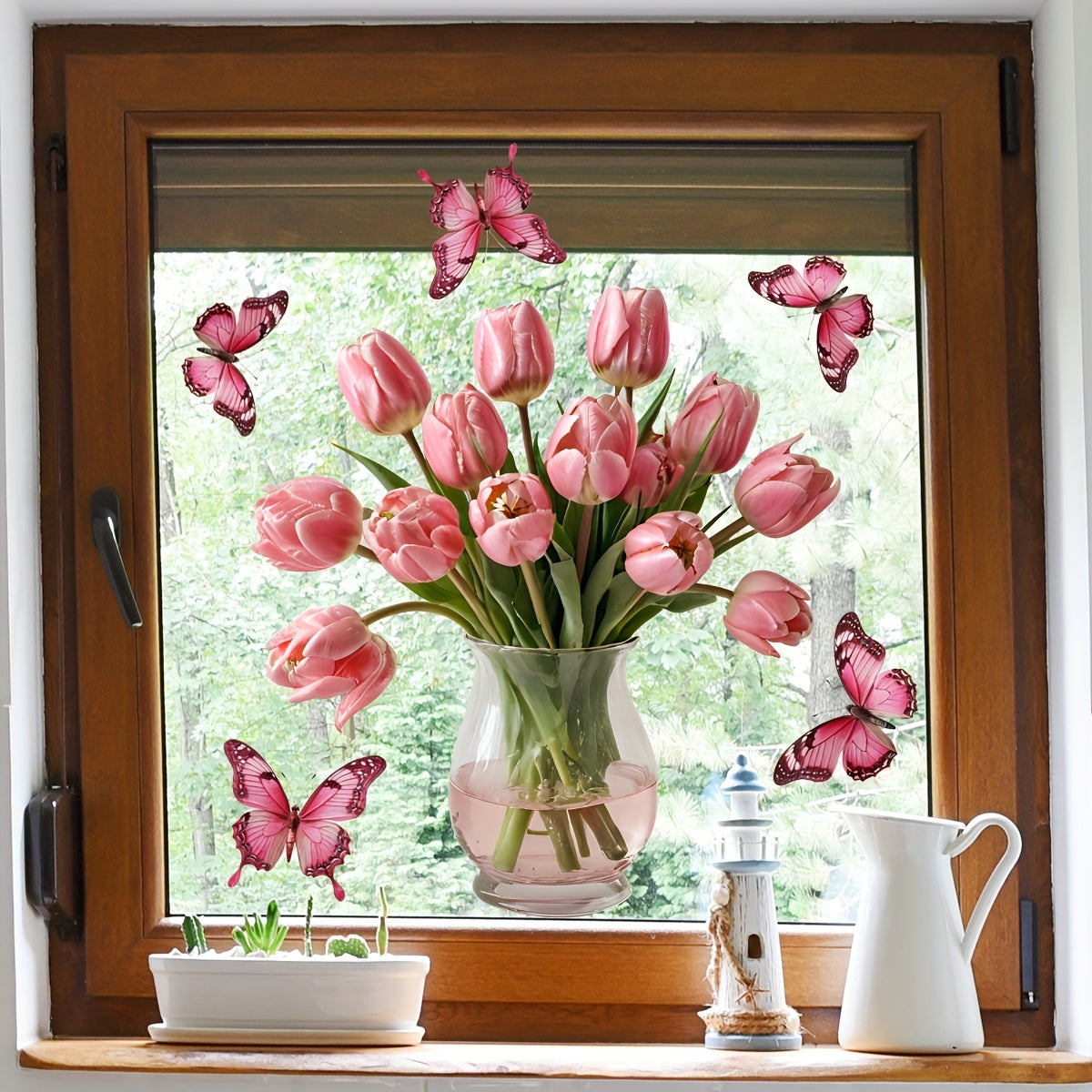 Contemporary Style Pink Tulip Butterfly Window Stickers, featuring a Floral Patterned design. Made from Polyvinyl Chloride Material, these stickers are easy to apply with their Static Cling Mounting and are reusable. Available in Assorted Shapes, these