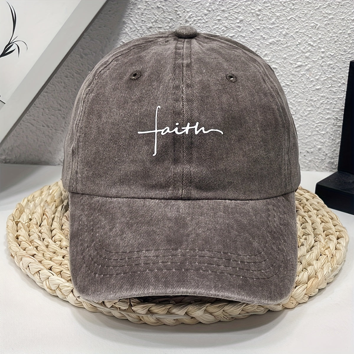 Vintage style denim baseball cap with faith embroidery, alphabet pattern, and adjustable fit for casual streetwear.