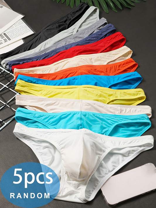 Five breathable briefs for men in assorted colors, made from a blend of nylon and spandex.