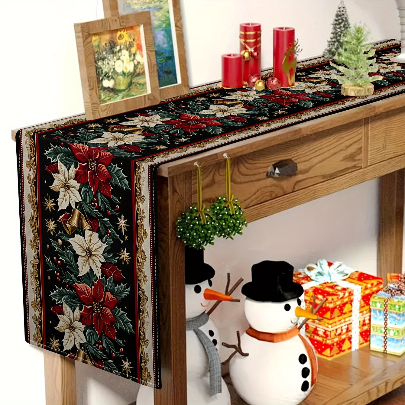 Vintage Christmas Flowers Table Runner featuring Vintage Santa Claus Reindeer design, ideal for indoor or outdoor Christmas decorations. Made of polyester knit fabric in a rectangle shape.