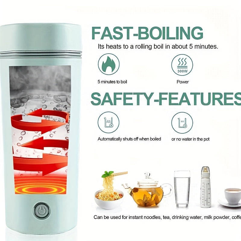 POLVCDG Sleek Portable Travel Cup boils water in 5 minutes, ideal for coffee, tea, and water. Stainless steel with safety features, detachable cord. For home, office, and travel. White