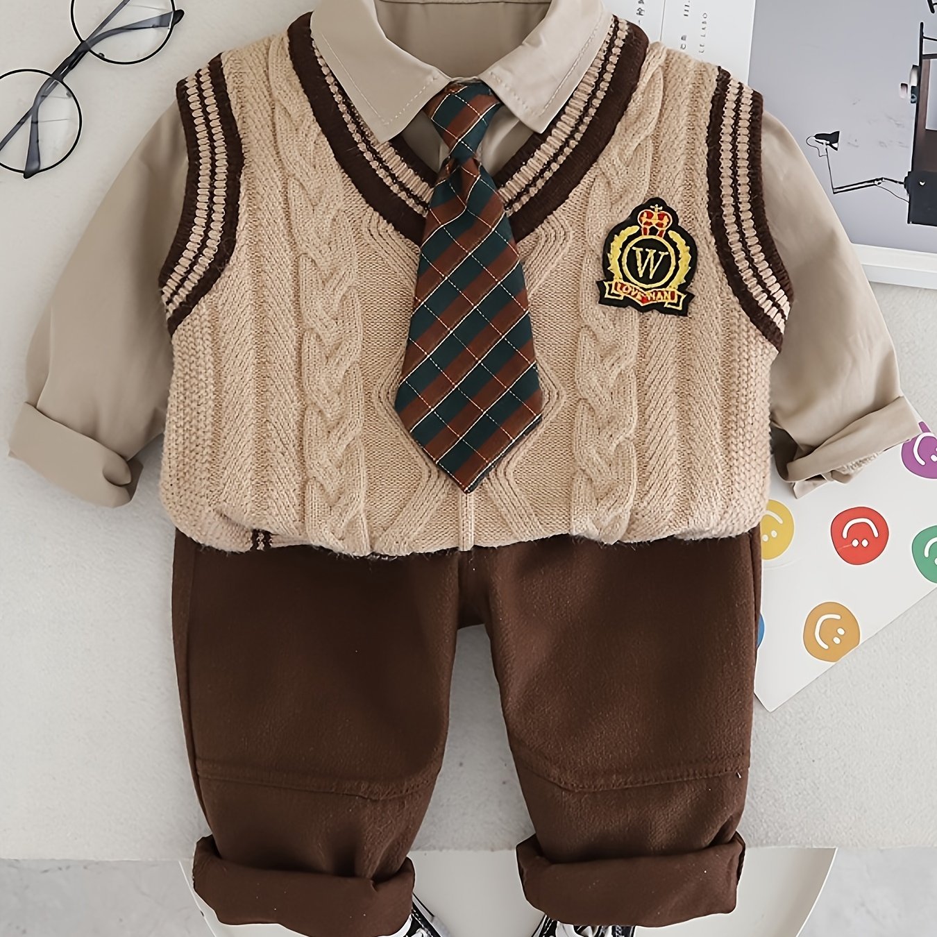 Boys' 3pcs Fall Outfit Set: Cotton Blend Shirt, Vest & Pants with Free Tie - Casual Style for Spring/Fall, Ideal for Outdoors