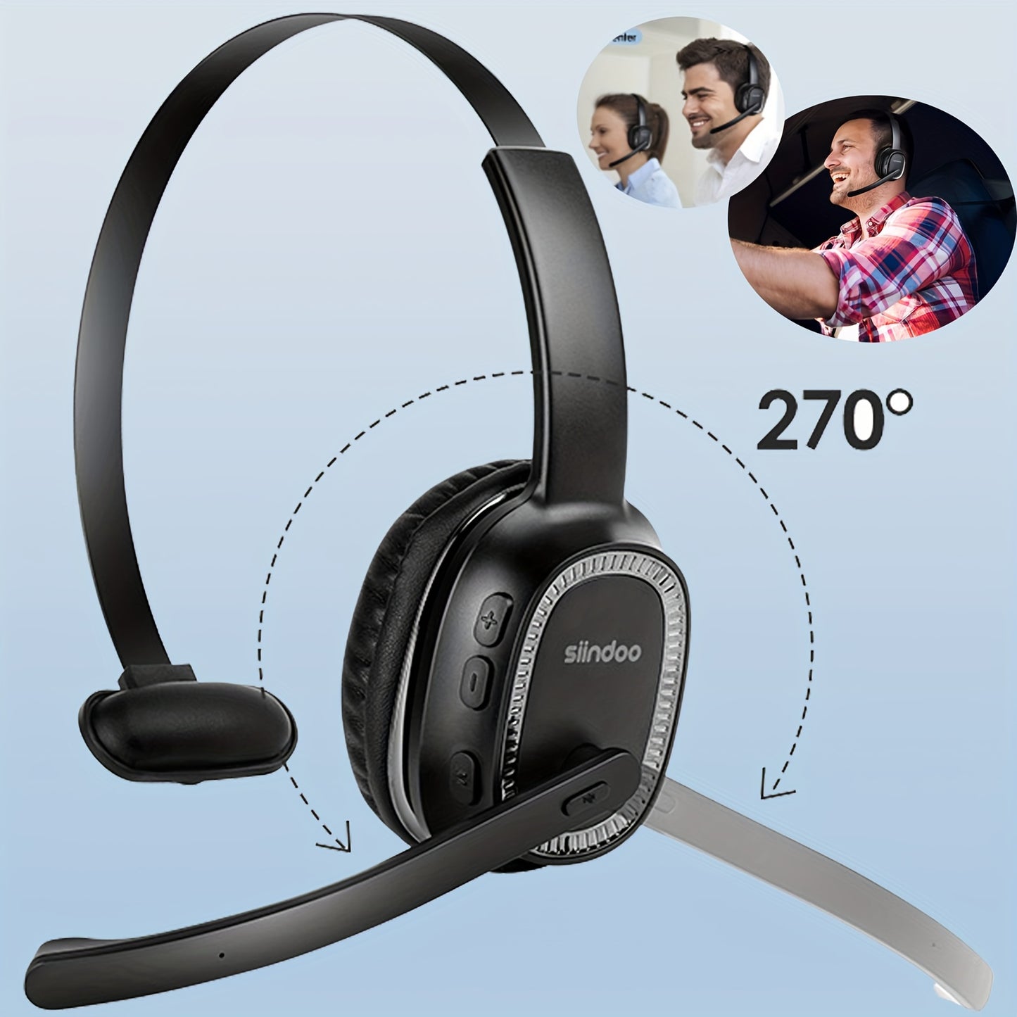 SIINDOO Wireless Noise-Canceling Headset in Black, with Mic, Rechargeable 400mAh Battery, USB-C Charging, Perfect for Office, Business, Truck Drivers. Great for office communication