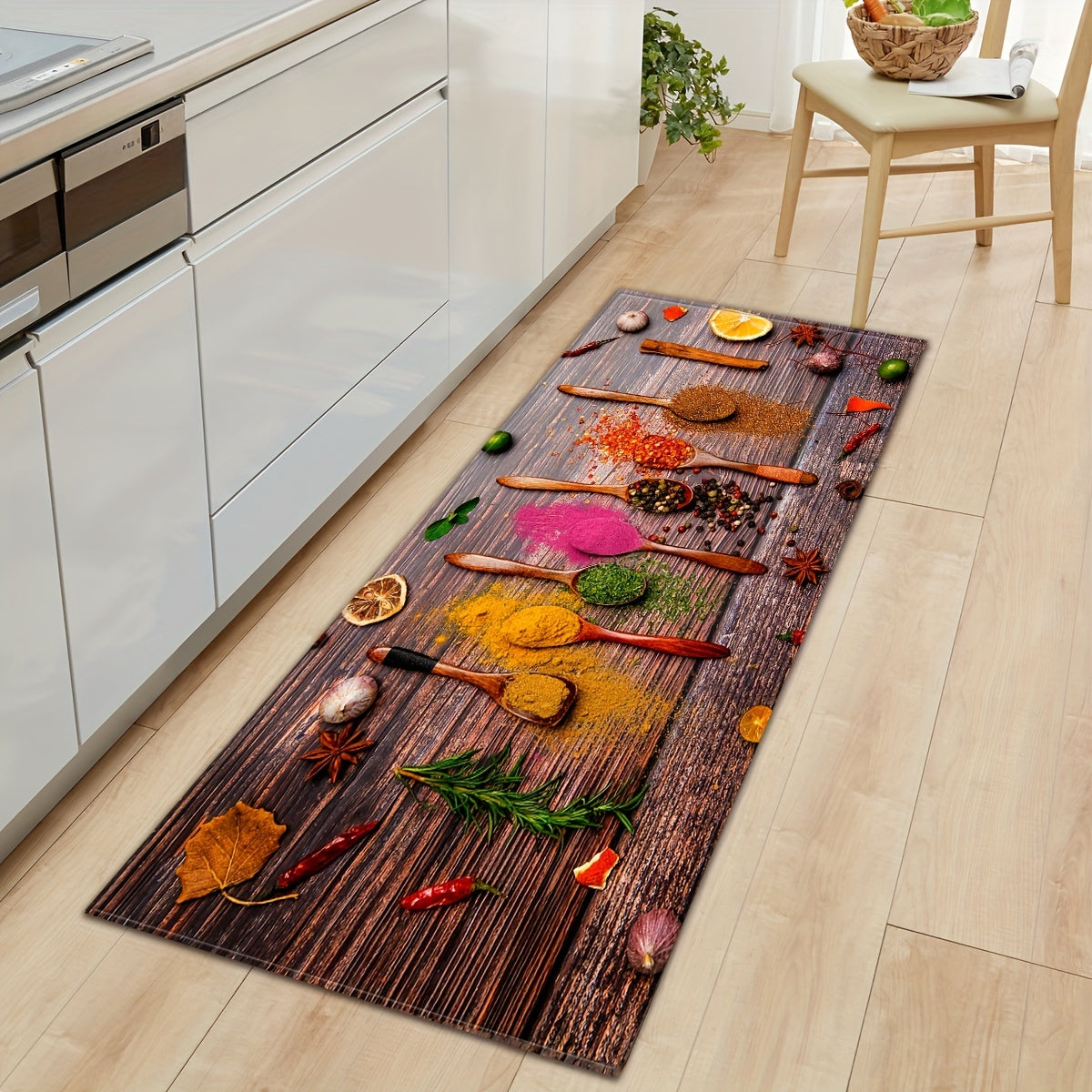 Non-Slip Kitchen Mat with Wood Grain and Spice Pattern - Absorbent, Easy to Clean Runner Rug for Home Decor, Ideal for Bathroom, Bedroom, and Living Room Use