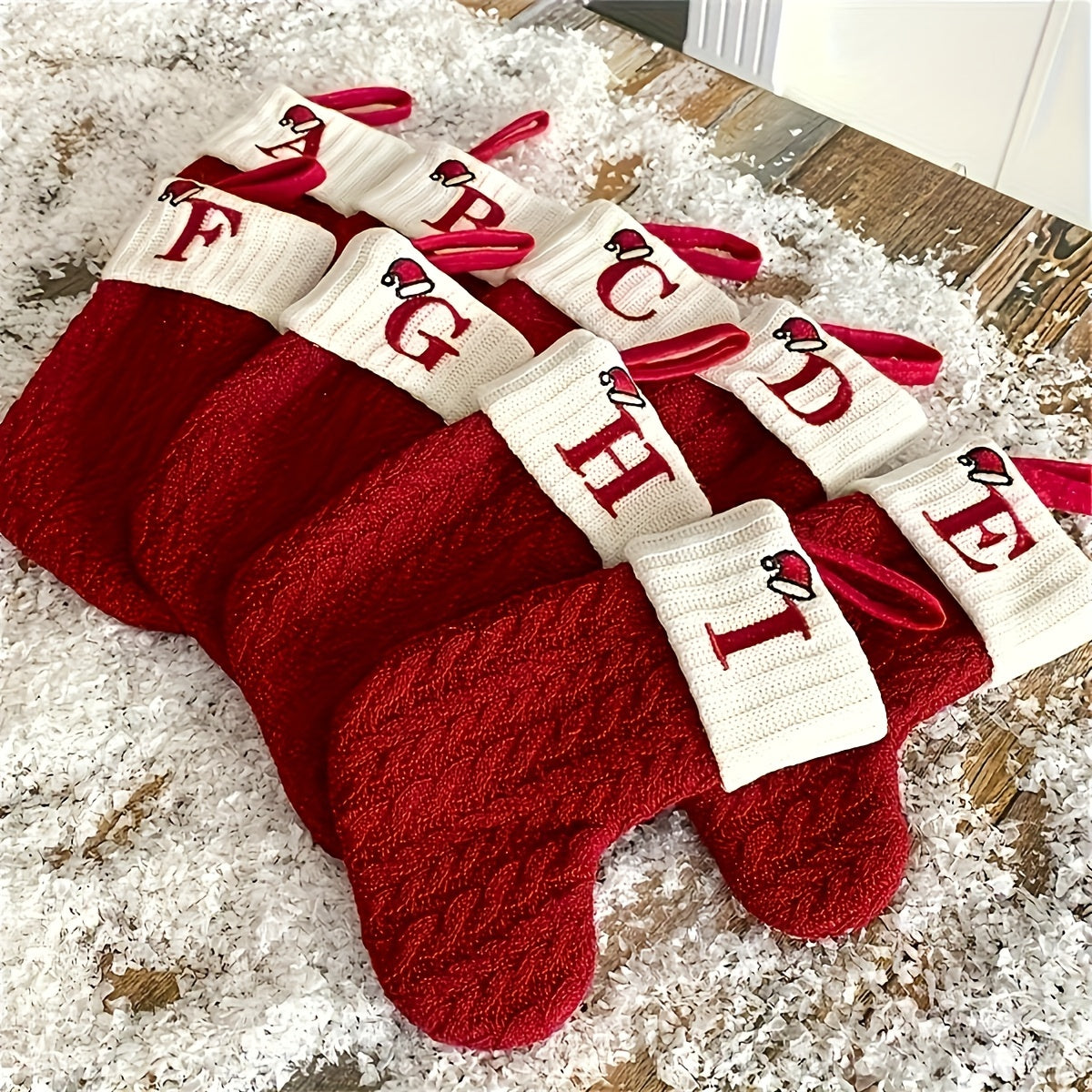 Knitted polyester stockings with personalized initials for festive parties, no electricity required.