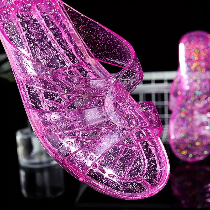 Women's Crystal Jelly Slides in Pink, Blue, & Brown with Sparkling Embellishments, Odor-Resistant, Easy to Clean, Suitable for Indoor/Outdoor Use.