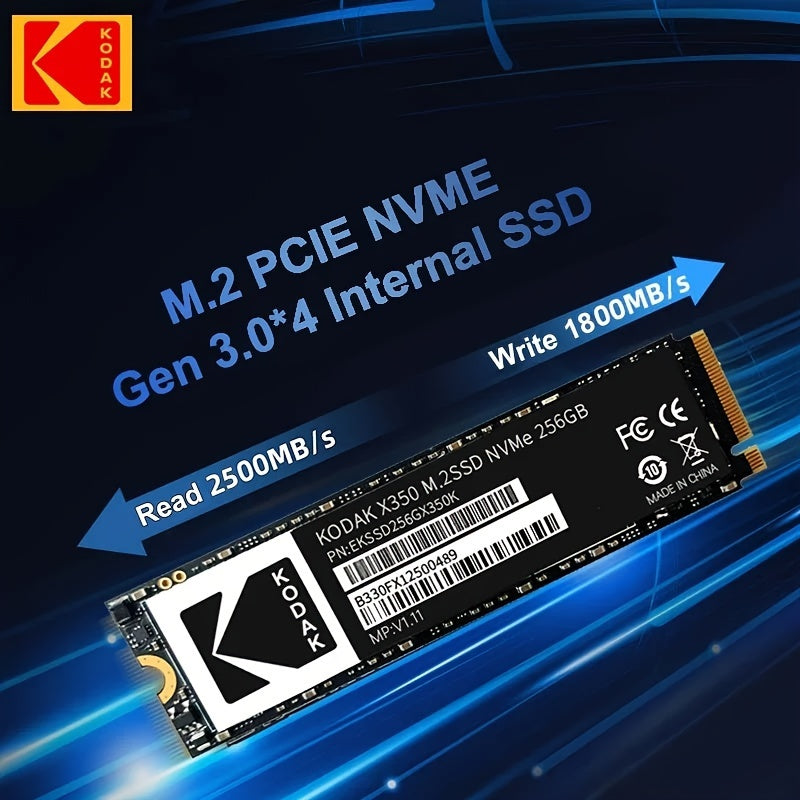 KODAK X350 Series NVMe SSD 256GB - Fast storage for desktops, gaming laptops, and ultrabooks, PCIe 3.0 compatible.