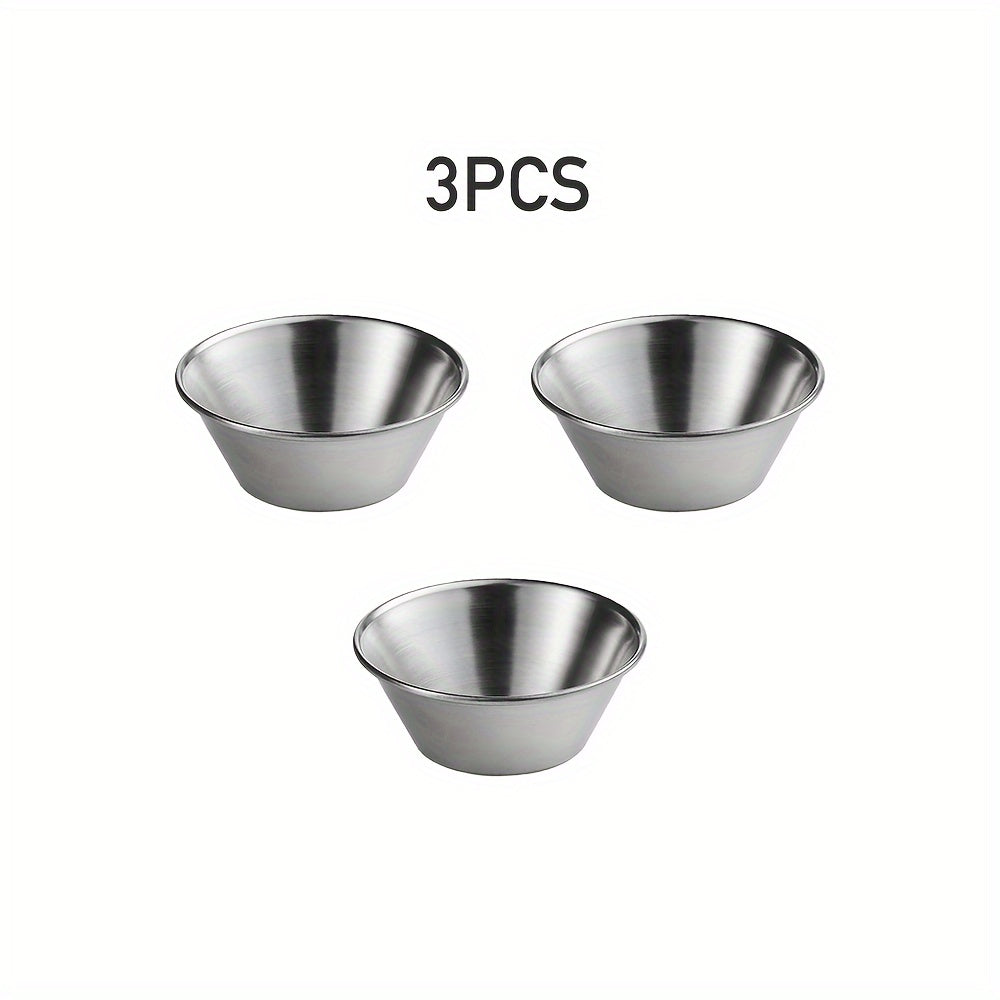 3 stainless steel sauce cups, 1.5oz each, reusable and commercial grade for home or restaurant use, perfect for charcuterie or cheese boards during holidays.