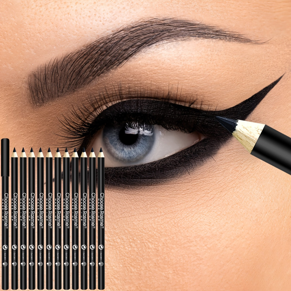 12pc black eyeliner pencil set with long-lasting, smudge-proof formula, intense pigment, and waterproof finish.