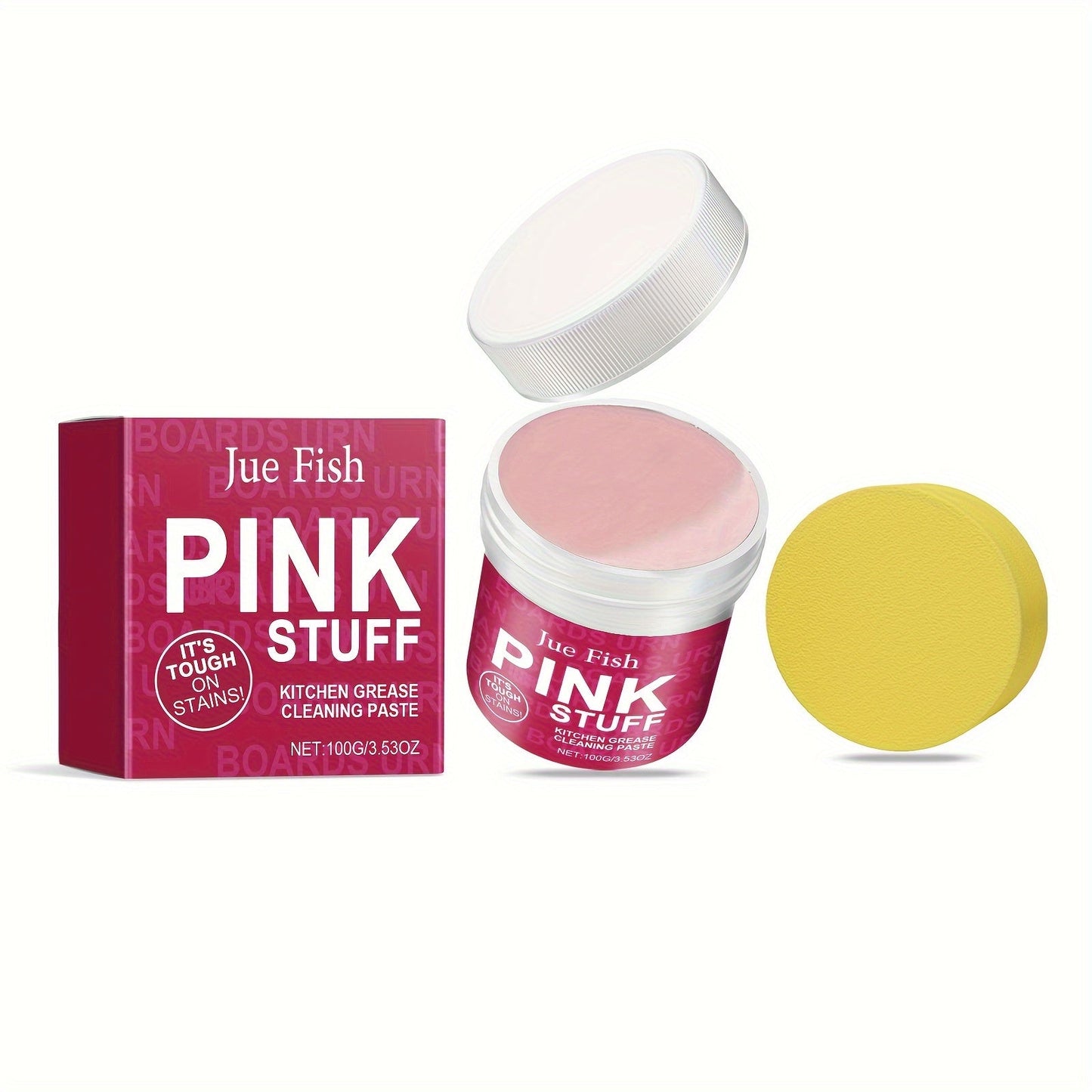 Pink Stuff Kitchen Grease Remover Cream is a 100g residue-free multi-surface cleaner that comes with a sponge. Infused with coconut oil, it effectively removes stubborn stains on wood, plastic, glass, metal, and ceramic surfaces.