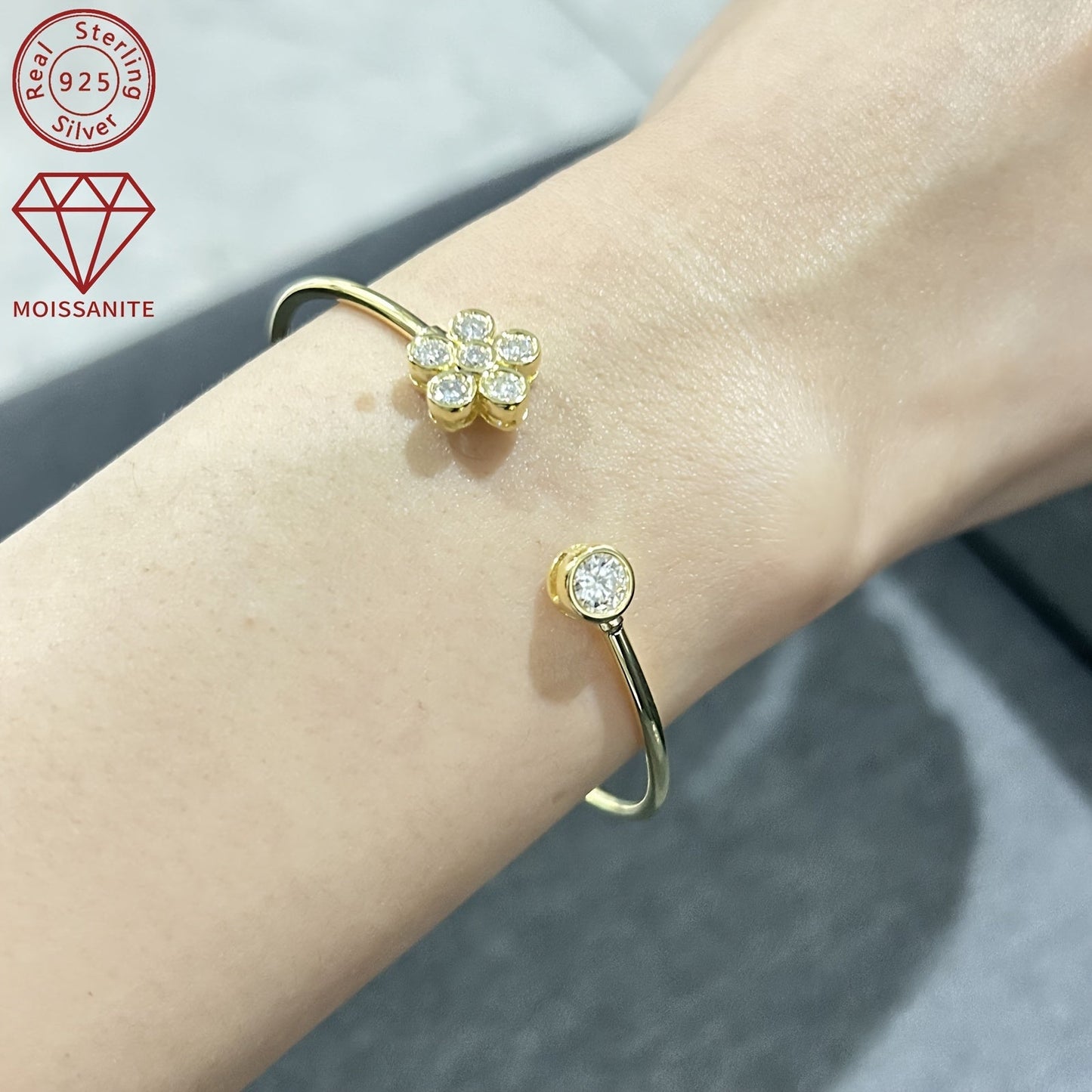 Adjustable Open Cuff Bracelet with Synthetic Moissanite Stones, 925 Silver and 14K Golden Plating, April Birthstone, Elegant Floral Design for Women, 1.06ct Total Weight - Perfect Accessory for Christmas and Wedding