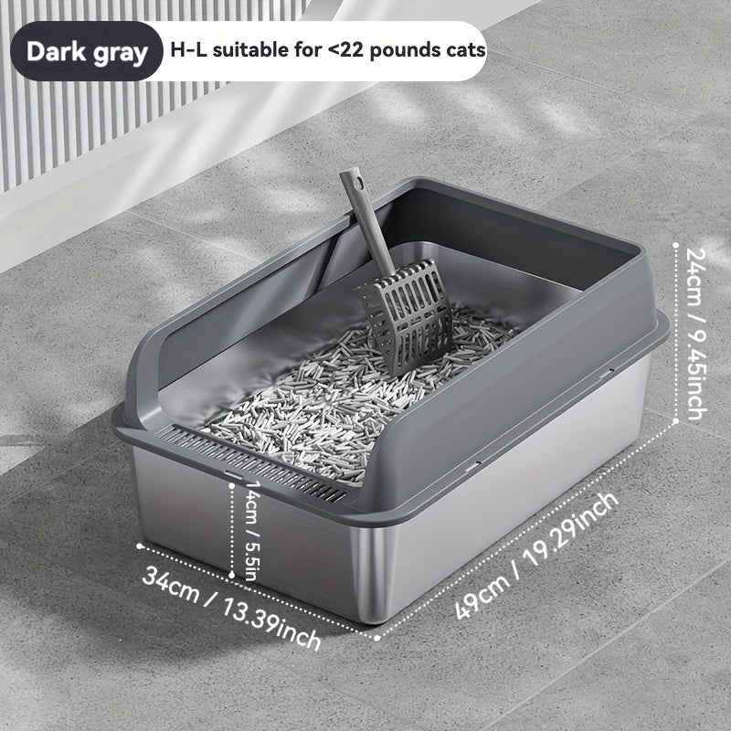 Large stainless steel litter box with splash guard cover for easy cleaning.