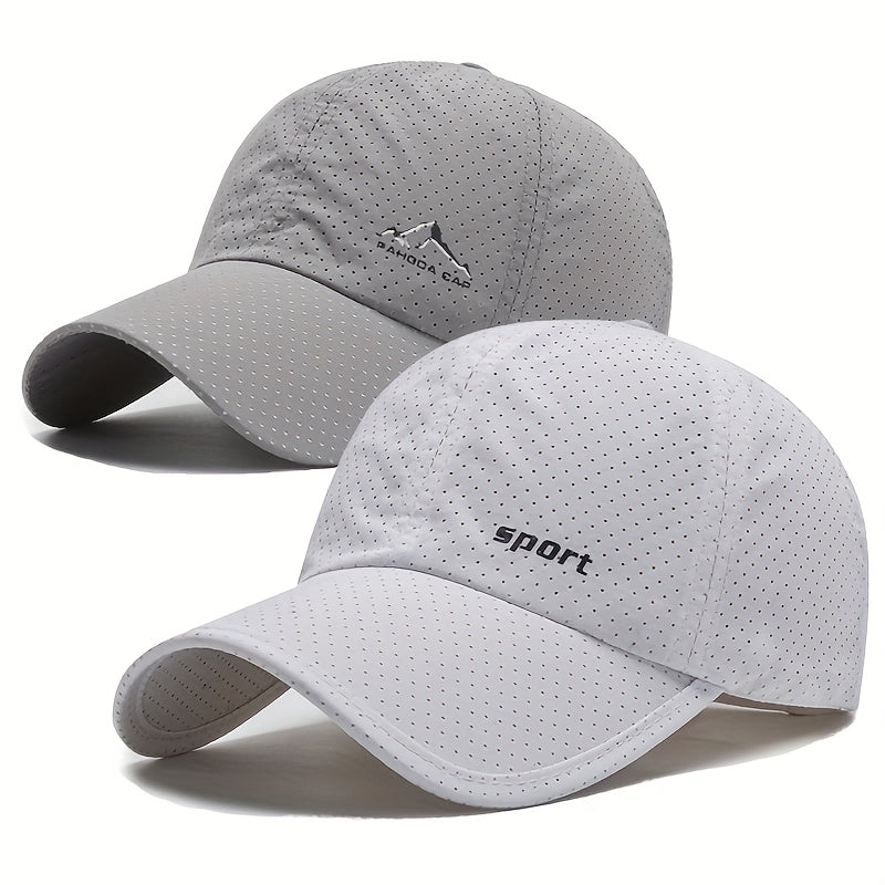 2-Pack Quick-Dry Baseball Caps, 100% Polyester Mesh, Snow Mountain & Sport Letter Print, Casual Sports Style for Spring/Summer