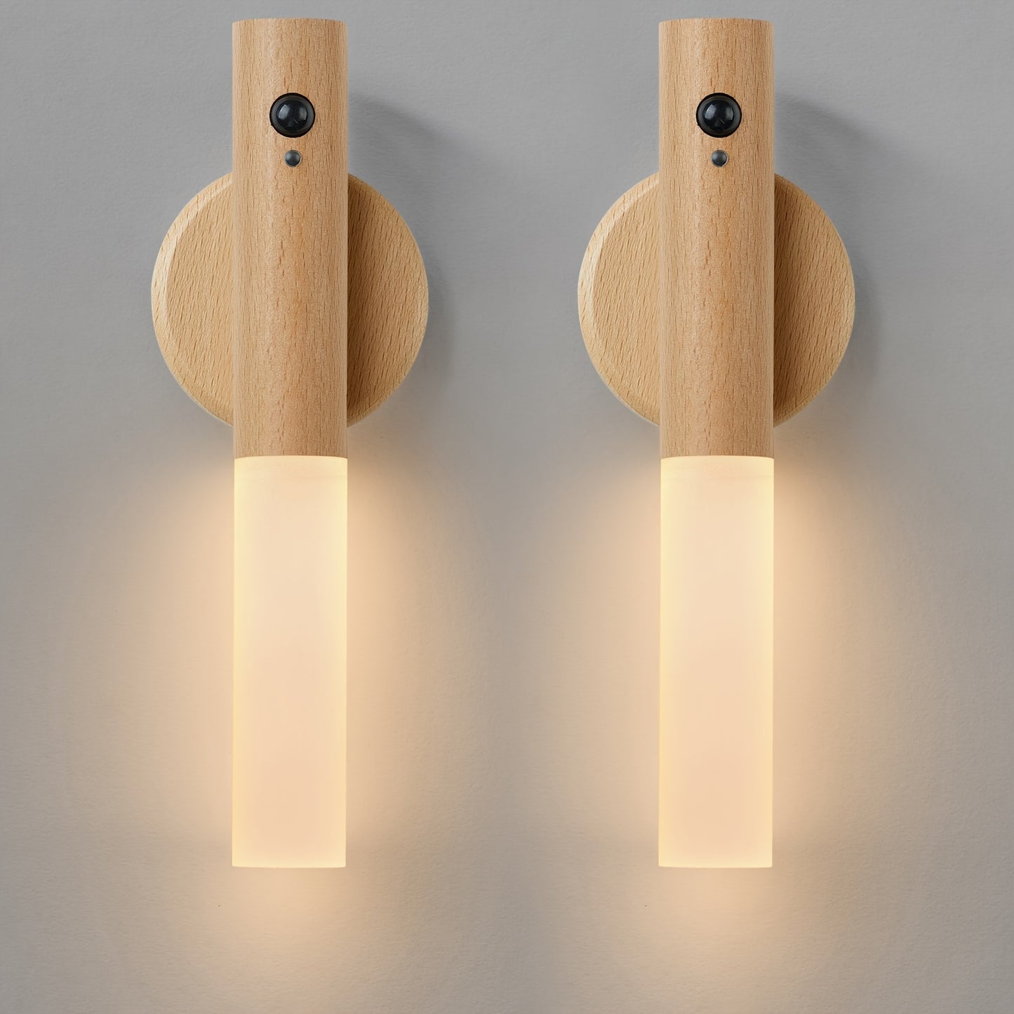 2 modern beech wood LED wall sconces with motion sensor - rechargeable, magnetic night lights for bedroom and hallway decor