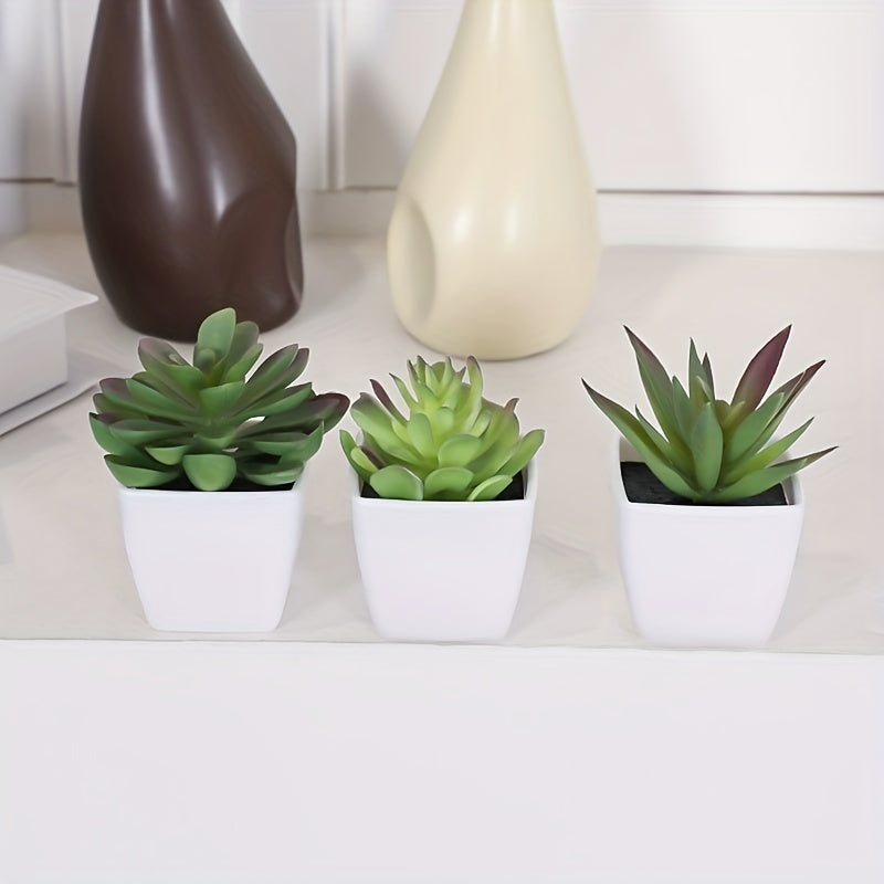 Artificial succulent plants in mini pots, perfect for indoor decoration in offices or rooms.