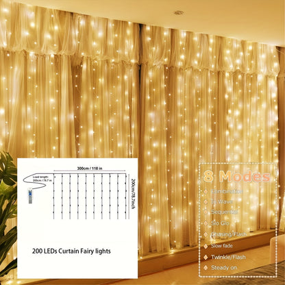 1pc Fairy Lights Curtain with 8 Modes Timer Remote, USB Lamps for Bedroom, Backdrop, Wedding, Party, Eid Al-Adha Mubarak.