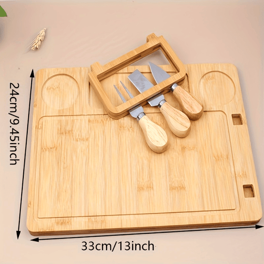 Premium bamboo cutting board and cheese cutter set for slicing fruits, cheese, and butter - Great gift for Father's Day and Mother's Day.