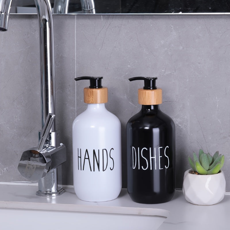 Set of 2 plastic soap dispensers for hand and dish soap, perfect for bathroom countertop storage.