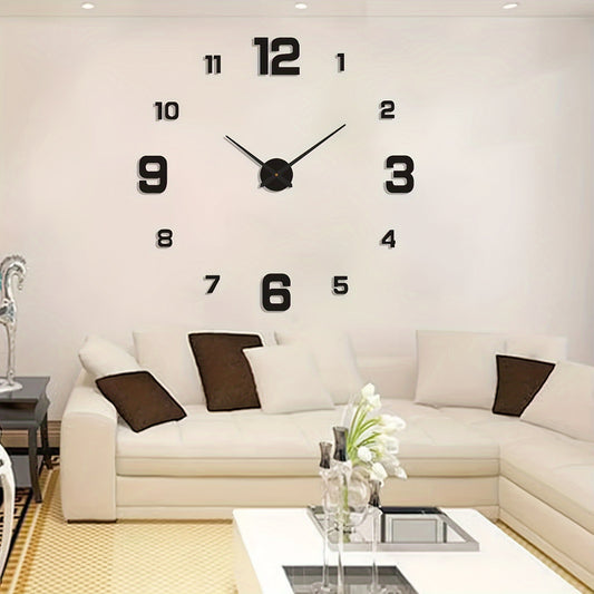 Art Deco style wall clock made of self-adhesive polyurethane, with silent movement, punch-free installation, luminous hands, battery-powered, and ideal for living room decor.