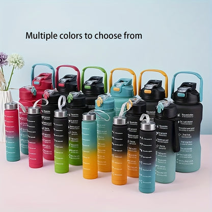 Set of three gradient sports water bottles with time markers, straws, and leak-proof design made of BPA-free PC material. Perfect for various activities and gifting occasions.