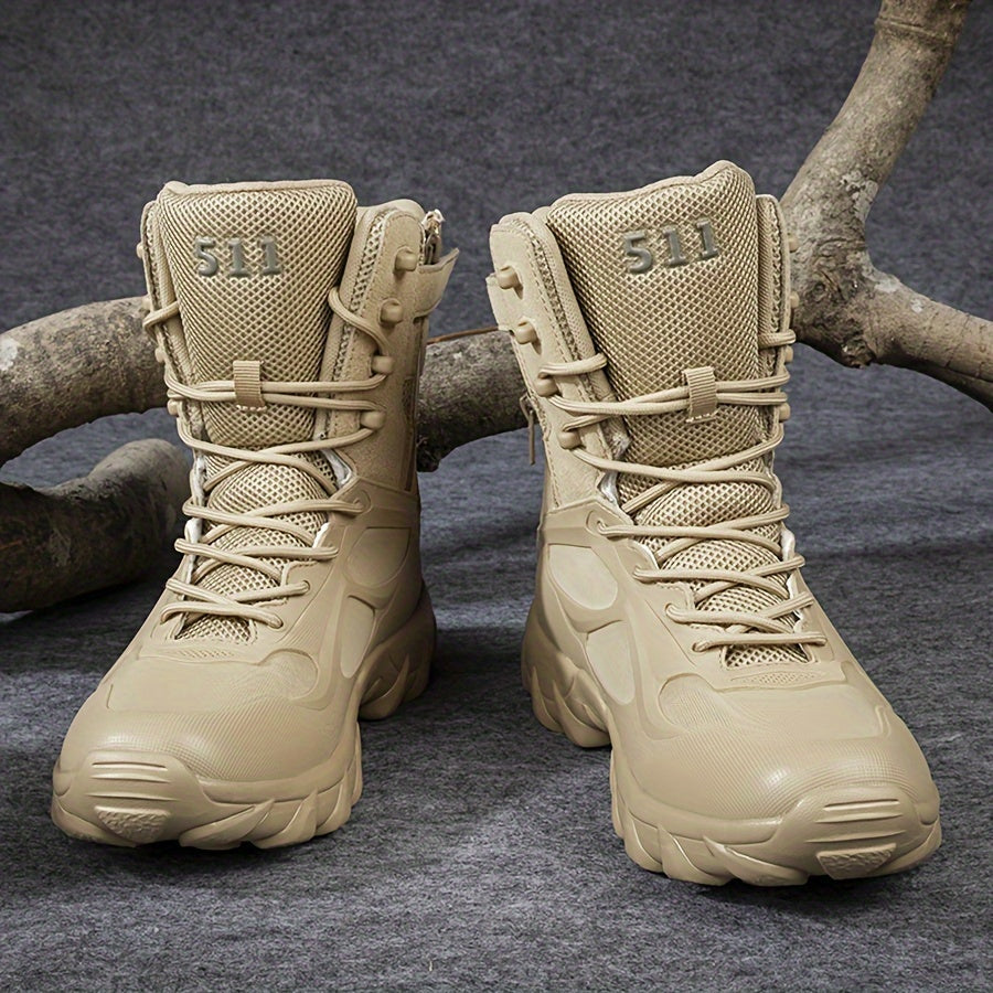 High-top tactical boots for men in beige stripe pattern, featuring a comfortable lace-up design with a non-slip EVA sole. Durable and versatile for outdoor adventures and casual wear