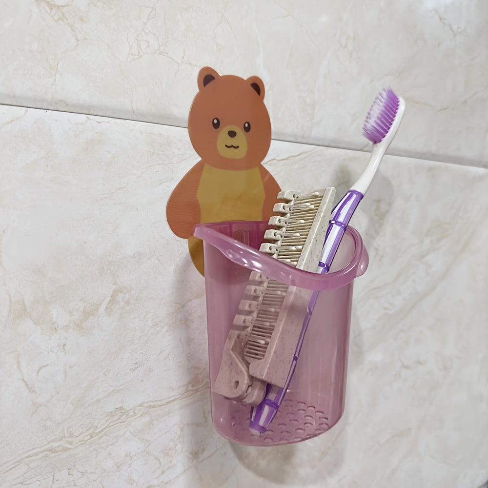 Set of 3 Adorable Bear Toothbrush and Toothpaste Holders - Easily Cleaned Wall-Mounted Bathroom Organizer with Drainage, No Drilling Required - Essential Bathroom Accessory