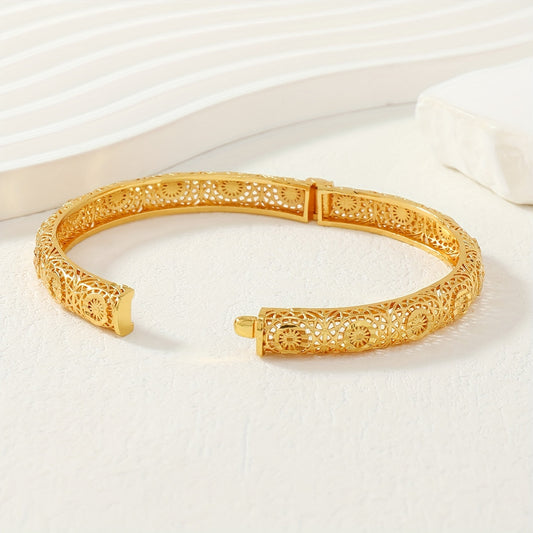 Vintage-inspired, minimalist bangle bracelet crafted from 22K gold plated copper for a simple and elegant jewelry decoration.