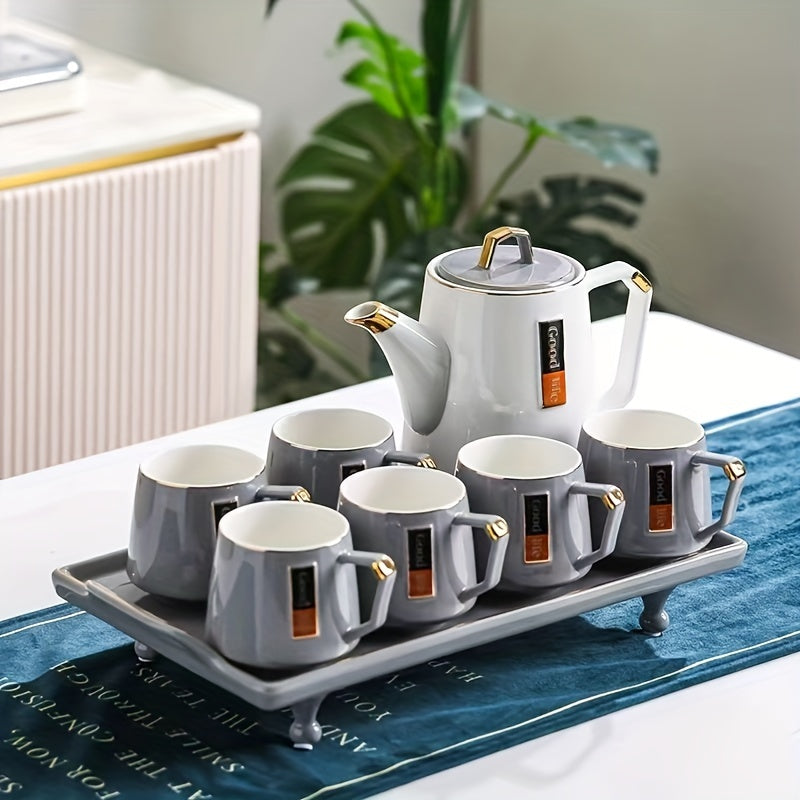 Stylish Nordic Ceramic Tea Set - Comes with Kettle, Cups & Tray - Suitable for Home, Office, and Restaurant - Handwashing Recommended