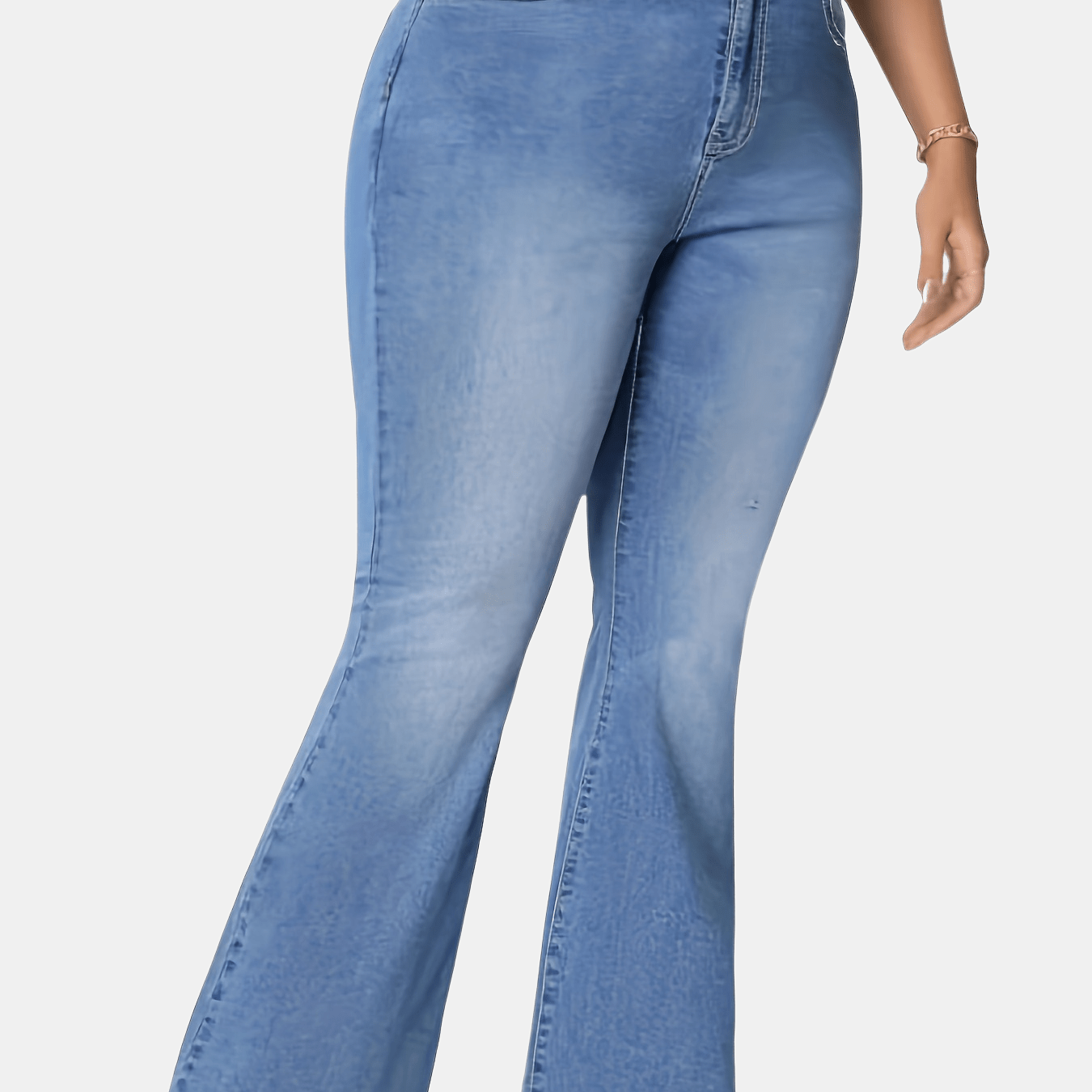 Women's plus size blue flare jeans made of stretch denim with a classic button closure, perfect for casual wear.