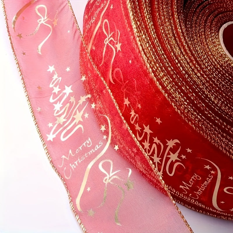 Festive red Christmas ribbon for decorating trees and gifts, 6.3cm wide x 200.0cm long with Merry Christmas print. Classic fabric ribbon, perfect for DIY bows.