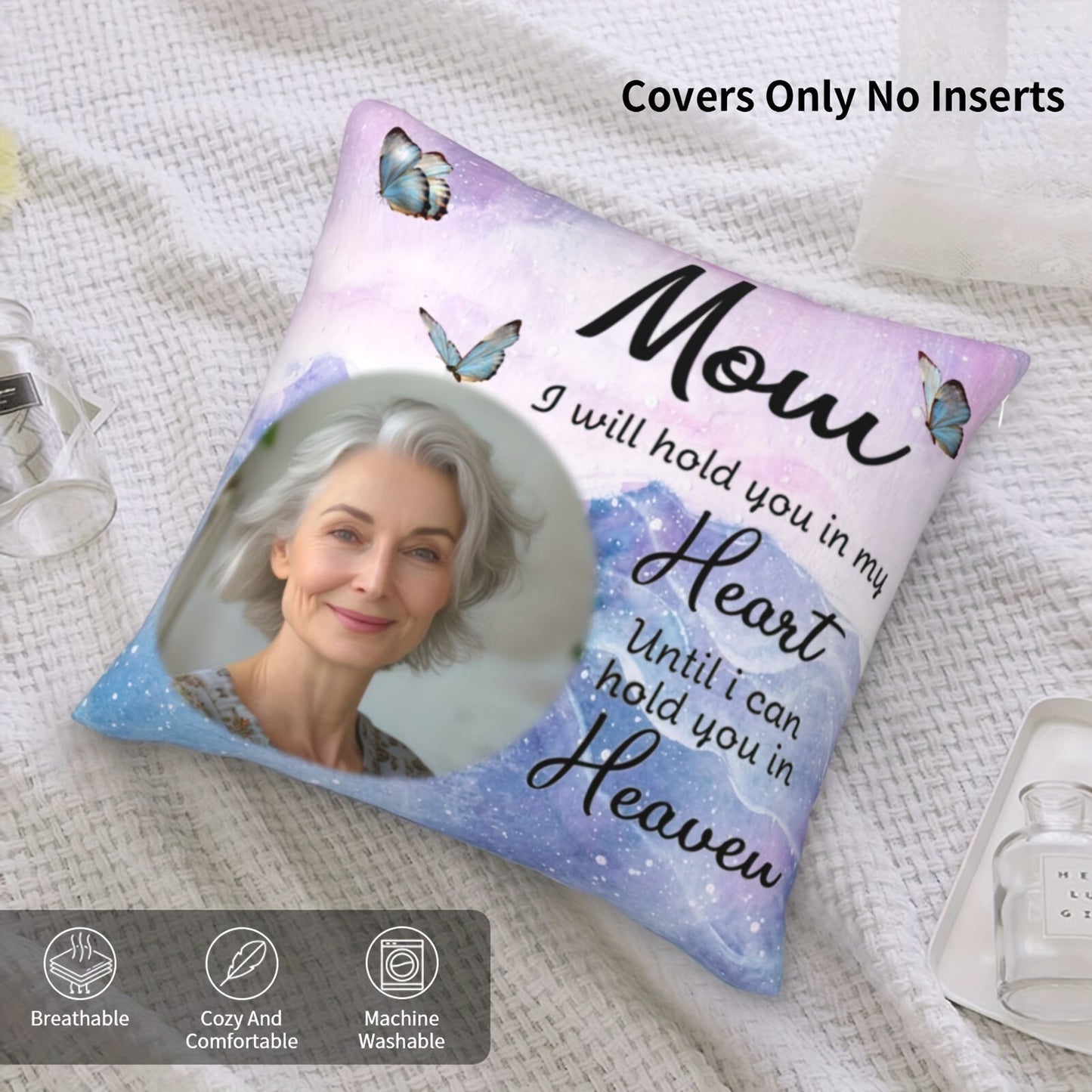 Personalized Polyester Pillowcase featuring a Custom Photo and Loving Message - Suitable for Ages 14 and Up, Includes 1 Plush Pillow Cover, Heartfelt Design with the Quote "Mom I Will Hold You in My Heart Until I Can Hold You in Heaven", Made of