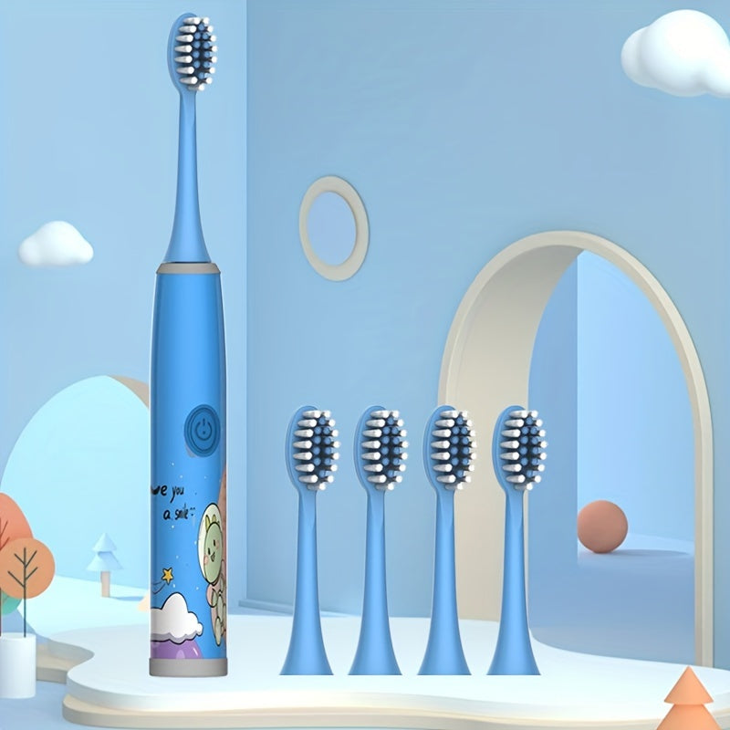 Children's Electric Toothbrush with 5 replacement brush heads in various colors. Suitable for kids aged 3-15, features soft bristles for gum protection and oral health care. Stylish