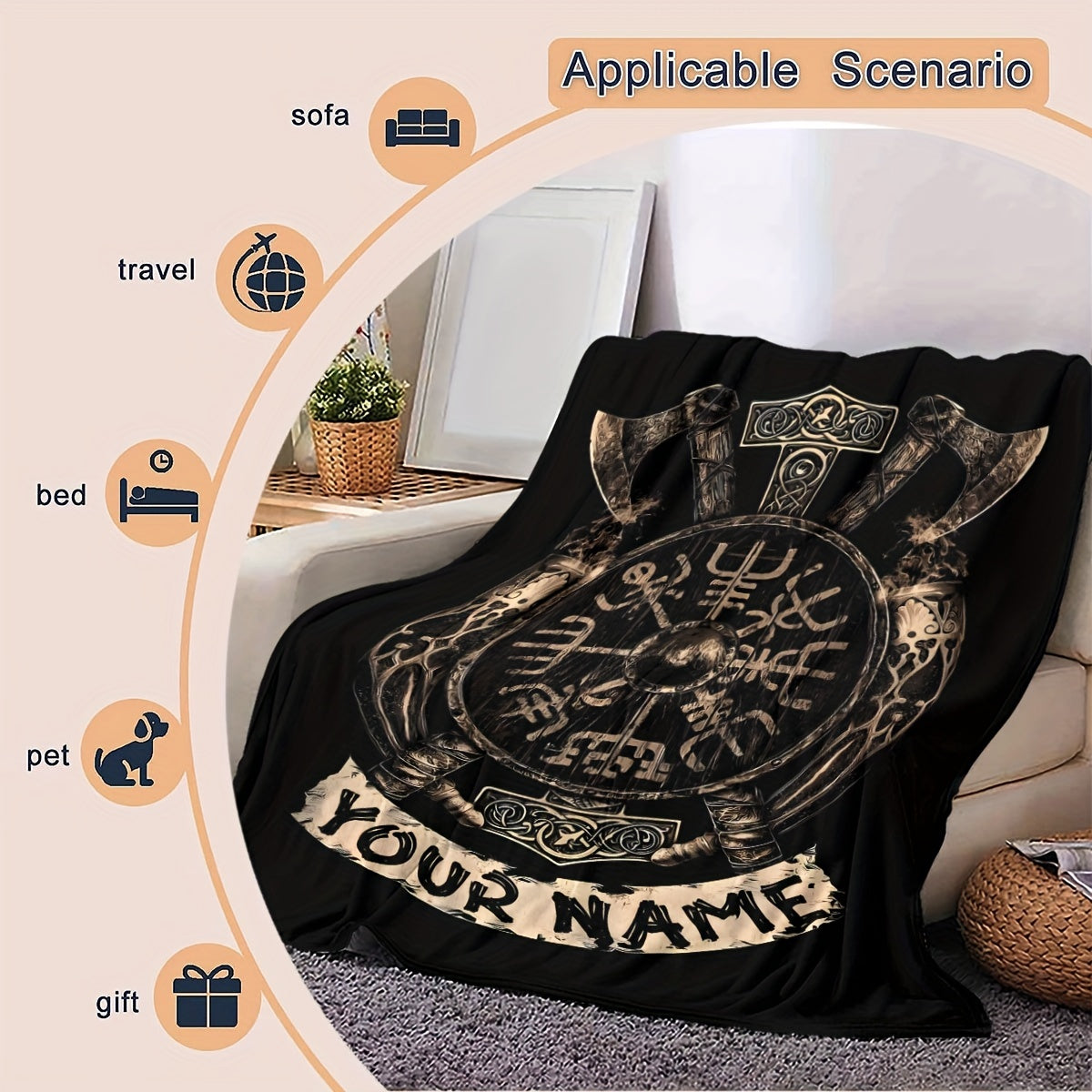 Personalized Viking Totem Print Flannel Blanket - Made of 100% Polyester, Featuring Geometric Pattern, Suitable for All Seasons, Crafted in Mission-and-Shaker Style with Fantasy Theme, Handknitted with 200-250gsm Weight, Perfect as a Gift Blanket for