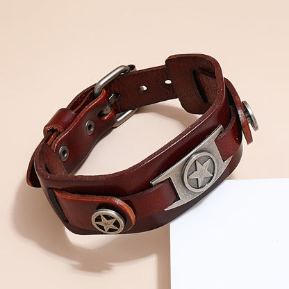 [Trending Pick] Men's Punk Rock Style Bracelet, Made of Genuine Leather with Zinc Alloy Star Pendant, Non-Magnetic Fashion Statement Piece