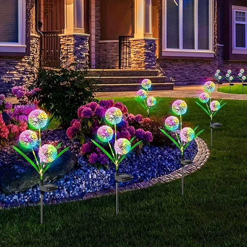 Dandelion LED plant stake light powered by solar energy, splashproof, ideal for outdoor gardens and yards.