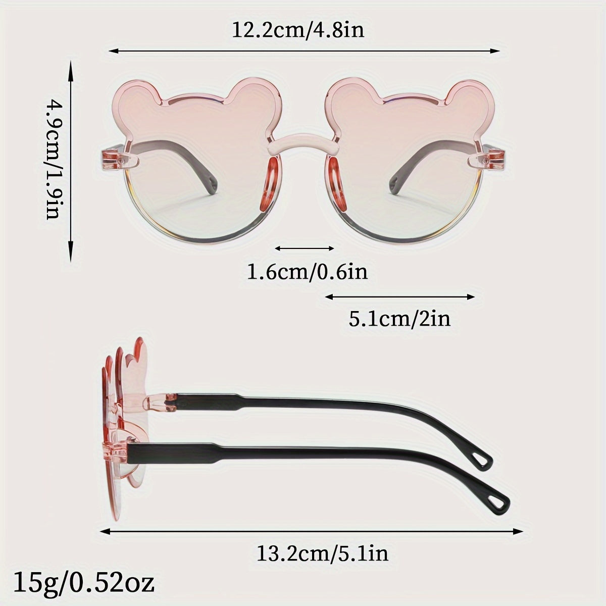 New bear decorative glasses set includes 3 pieces with a cartoon frameless design and bear-style gradient lenses.