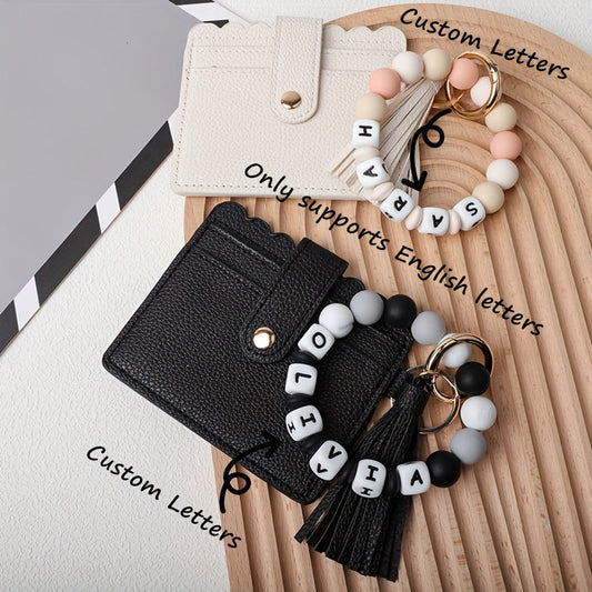 Custom PU Leather Keychain featuring Silicone Beads and Tassel - Add your Name or Initials for a Unique Touch - Great for School, Work, or Special Events