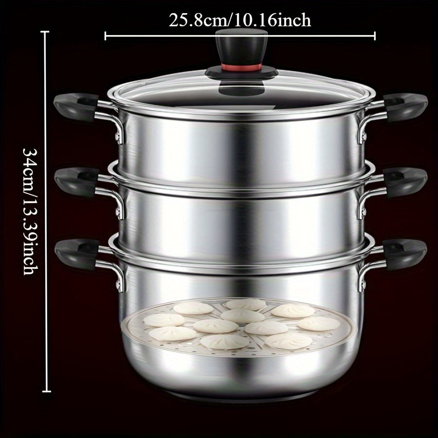 This multi-functional cooking pot is made of durable stainless steel and can be used for various cooking tasks such as making soup, steaming seafood, cooking noodles, and boiling milk. It is suitable for use on induction cookers and gas stoves, making it