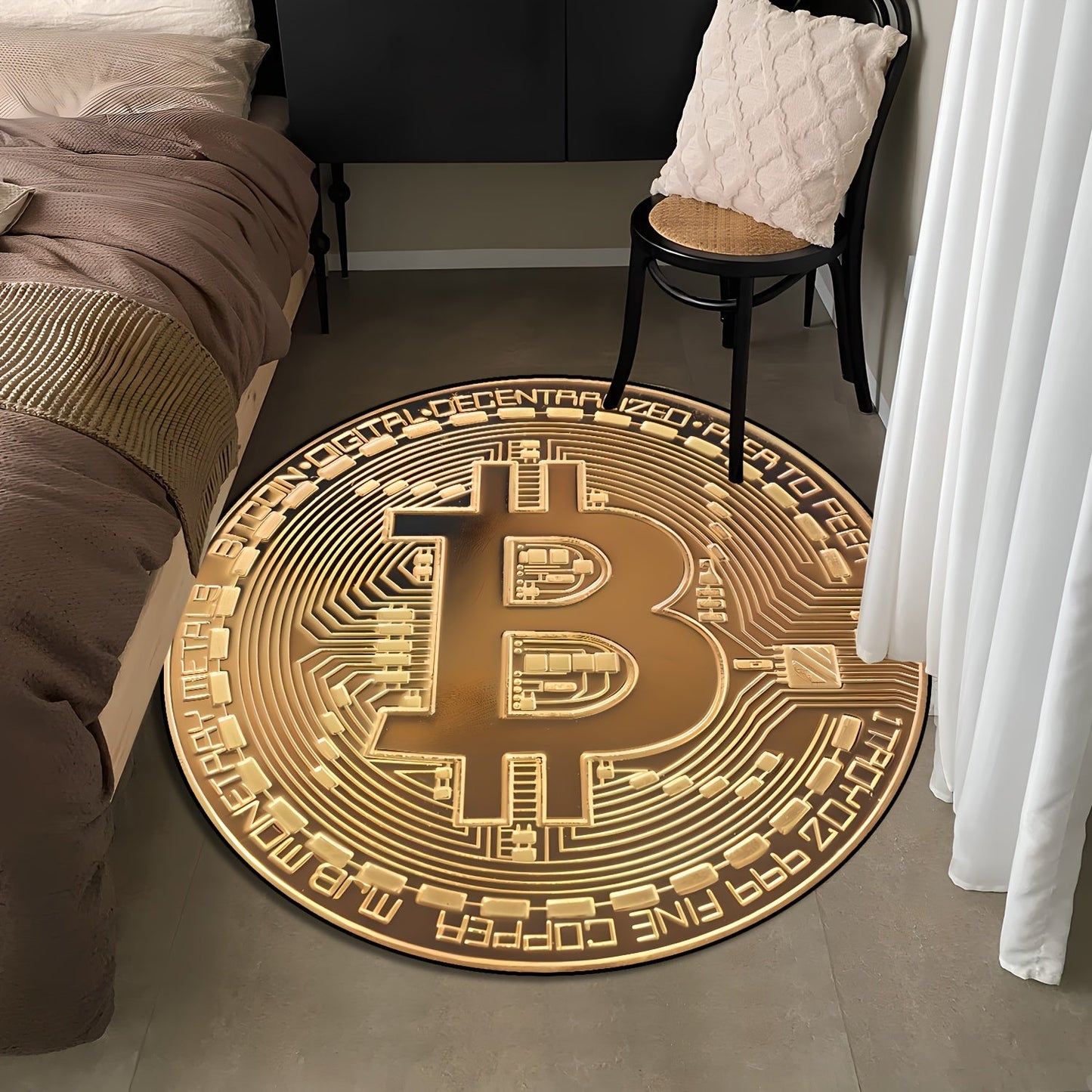 Get yourself the 1pc Bitcoin Pattern Round Rug for a touch of luck and wealth in your home decor! This decorative rug is perfect for your bedroom or living room, and is ideal for holiday parties. It is stain resistant and dustproof, making it easy to