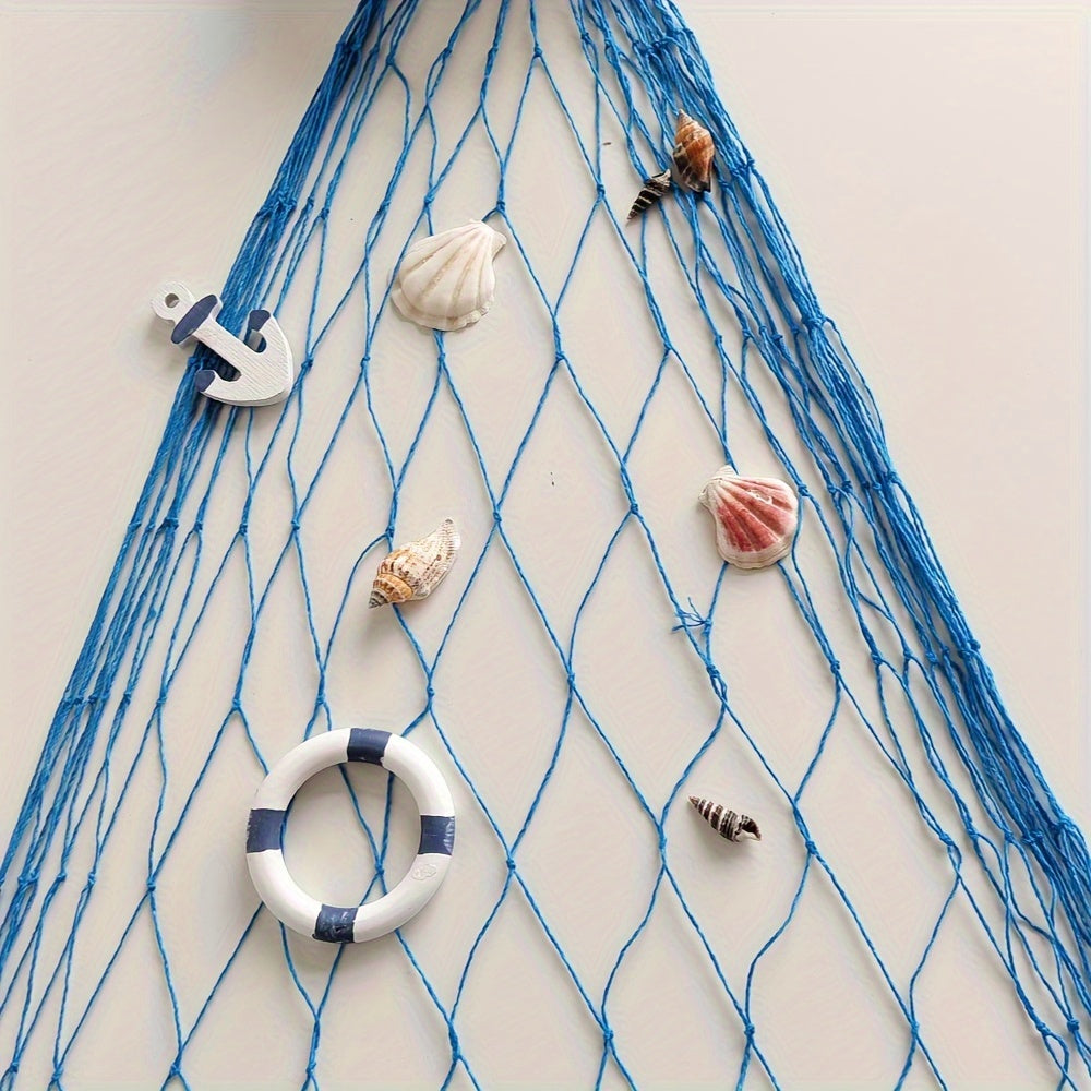 Seafarer's Charm: Nautical Blue Fishing Net Wall Decor with Seashells - Perfect for Ocean-Themed Events