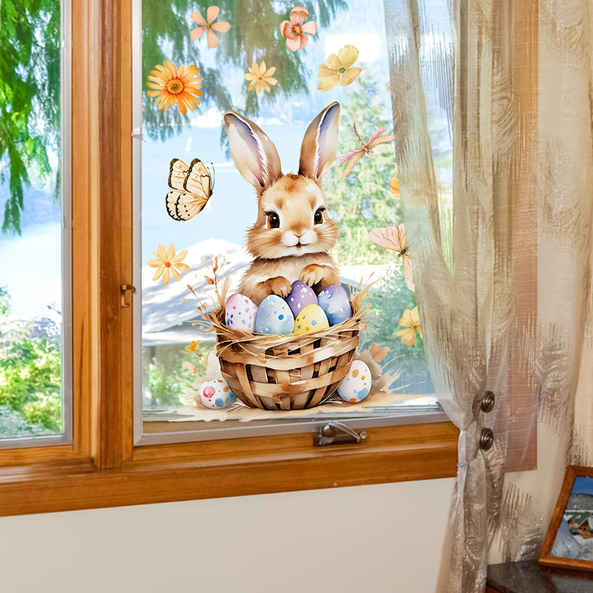 Rabbit Decor - Easter Bunny and Egg Basket Window Cling Decoration - 30x30cm Dual-Sided Electrostatic PVC Sticker with Festive Floral and Butterfly Accents, Reusable for Bedroom or Balcony