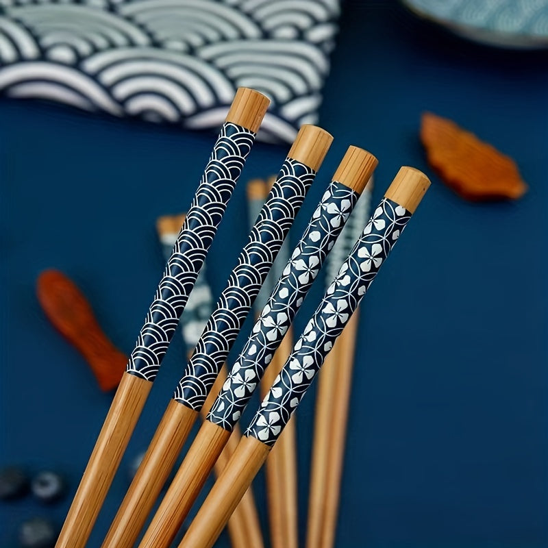 5 pairs of premium reusable bamboo chopsticks with multicolor non-slip design, lightweight and dishwasher safe.