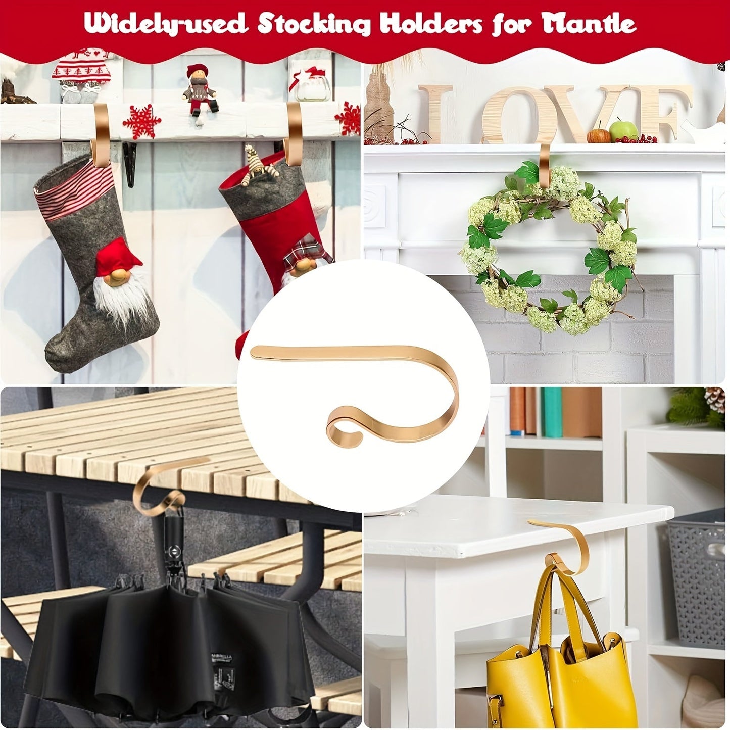 Set of 8 Adjustable Metal Stocking Holders, Non-Slip Lightweight Christmas Sock Hangers for Fireplace, Elegant Golden Wall Hooks for Festive Decoration