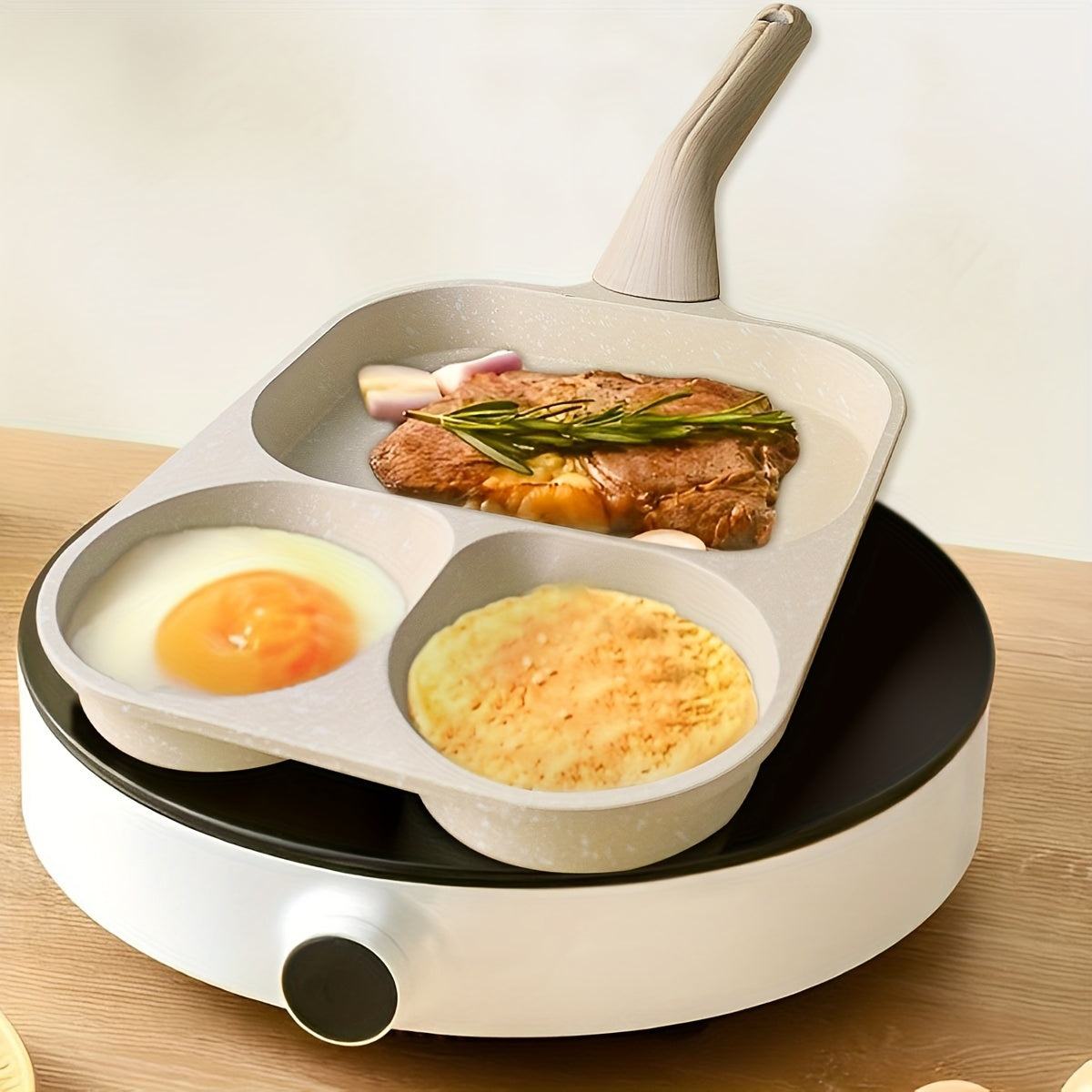 A versatile 3-section non-stick aluminum frying pan that is ideal for cooking breakfast, steak, and toast. This pan is compatible with both gas and induction stoves, making it perfect for autumn meals.