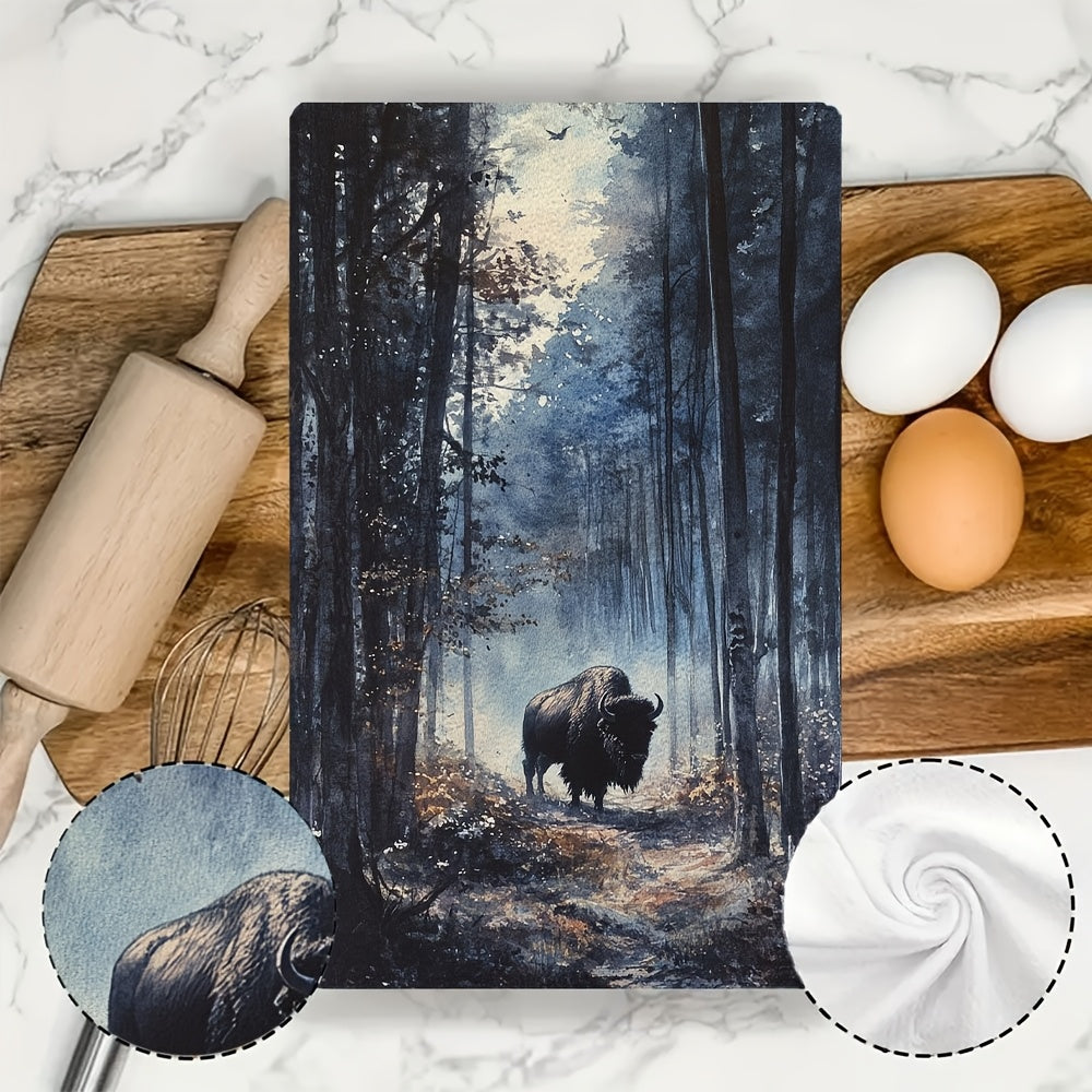 Ultra Soft Kitchen Towels featuring Majestic Bison in Woods Scene - Set of 2. Highly Absorbent, Machine Washable Dish Hand Towels with Contemporary Style. Size: 40.64x60.96 cm. Made of Ultrasoft Polyester. Perfect for any modern kitchen.