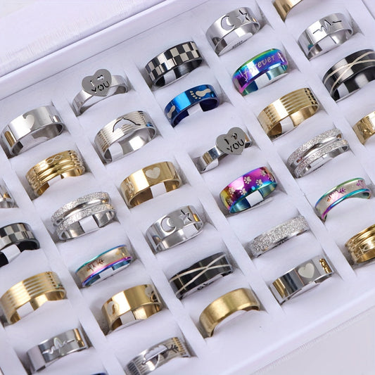 20 pieces of stylish stainless steel rings featuring classic and fashionable heart cutouts in assorted colors, ideal for couples and perfect for weddings and parties.