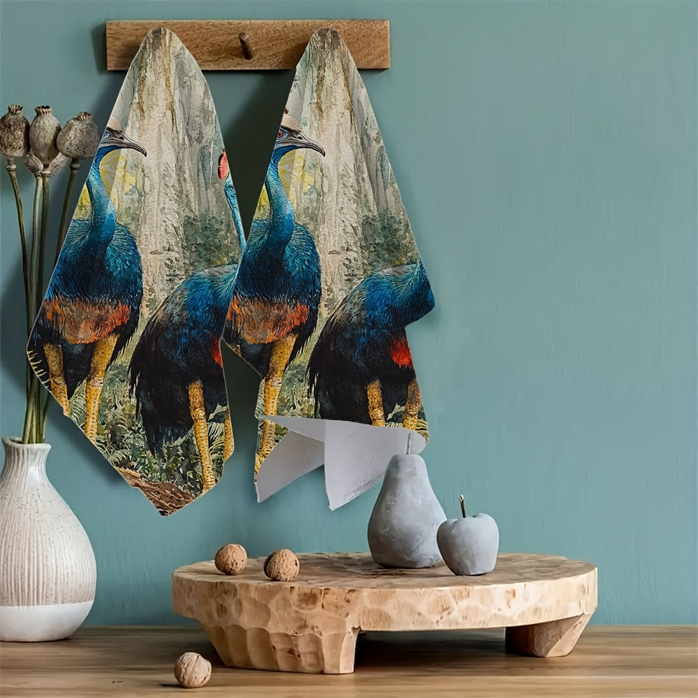 Set of two ultra-soft kitchen towels featuring a vibrant cassowary forest scene. These highly absorbent and machine washable dish hand towels measure 40.64x60.96 cm, making them ideal for holiday decor and everyday use in the kitchen.